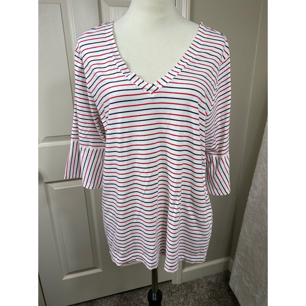J.Jill XL Petite Striped V-Neck Top Pima Cotton Red White Blue Ruffle Sleeve